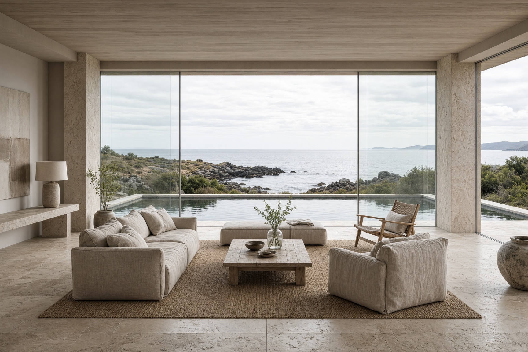 Living room to the pool and inlet