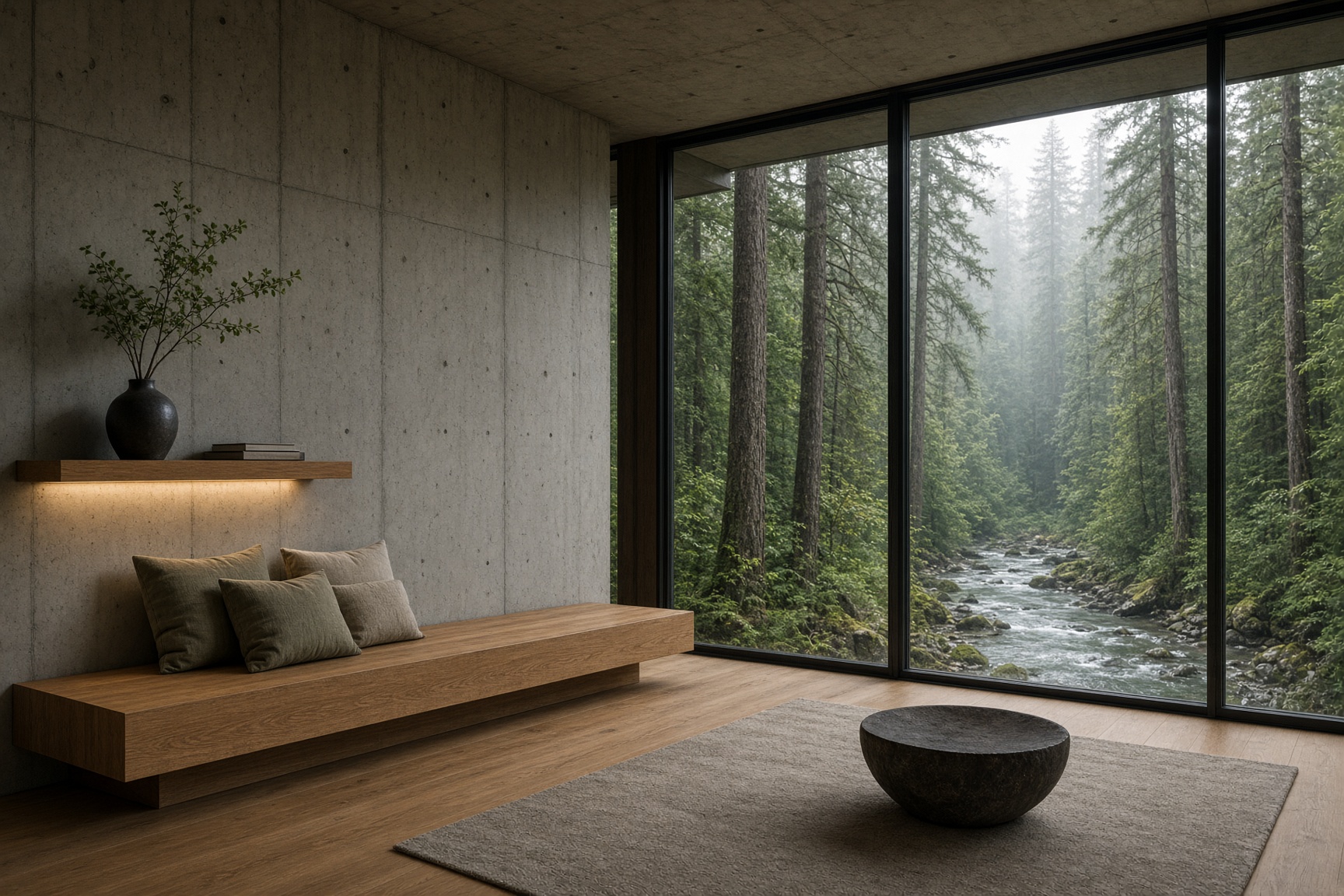 Concrete living hall to the rainforest