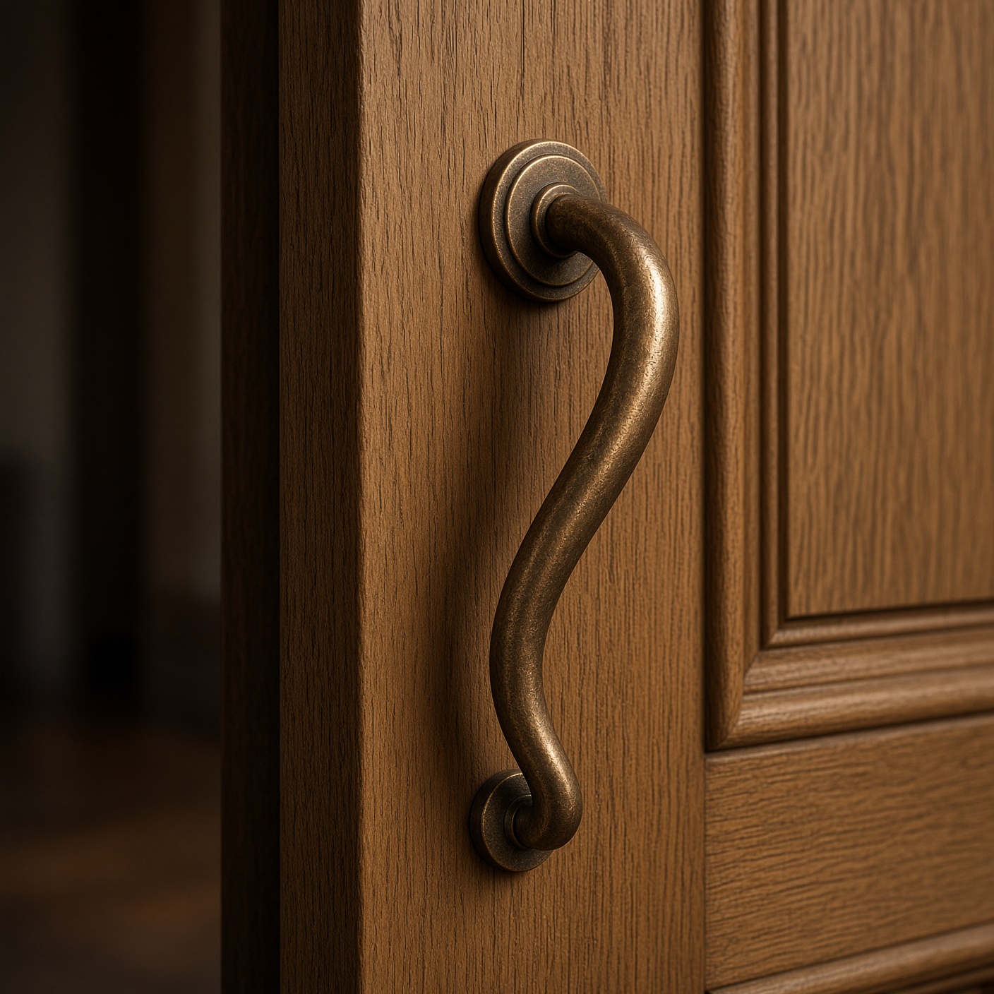Bronze handle on oak