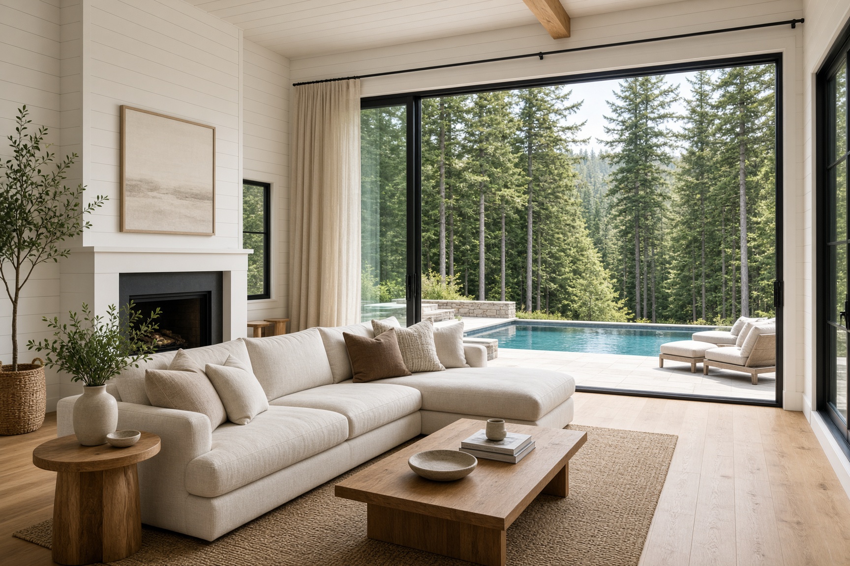Living room opening to the pool and forest