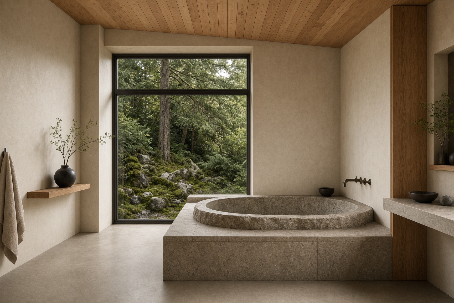 Stone soaking tub to the moss garden