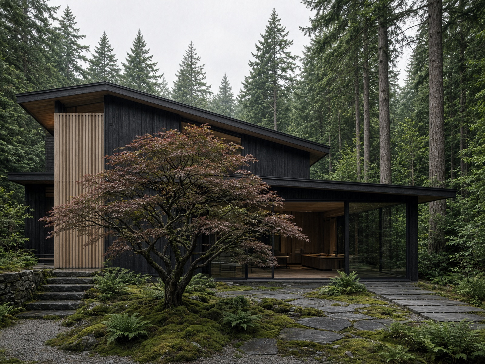 Japandia courtyard with maple and charred timber