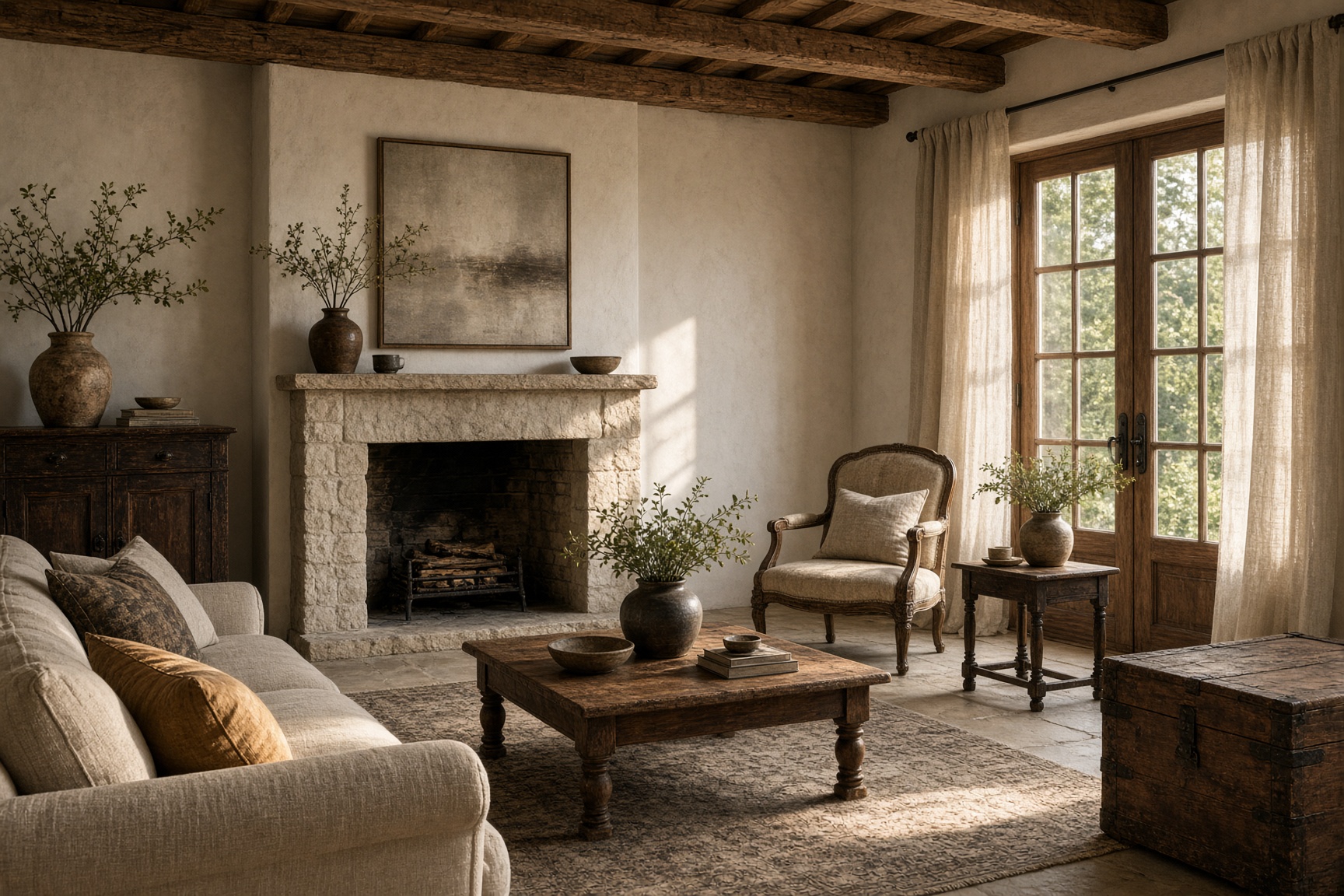 Salon with oak beams and limestone fireplace