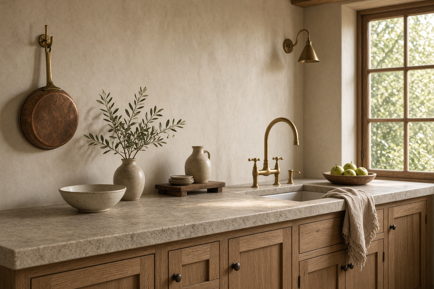 Kitchen with limestone and brass