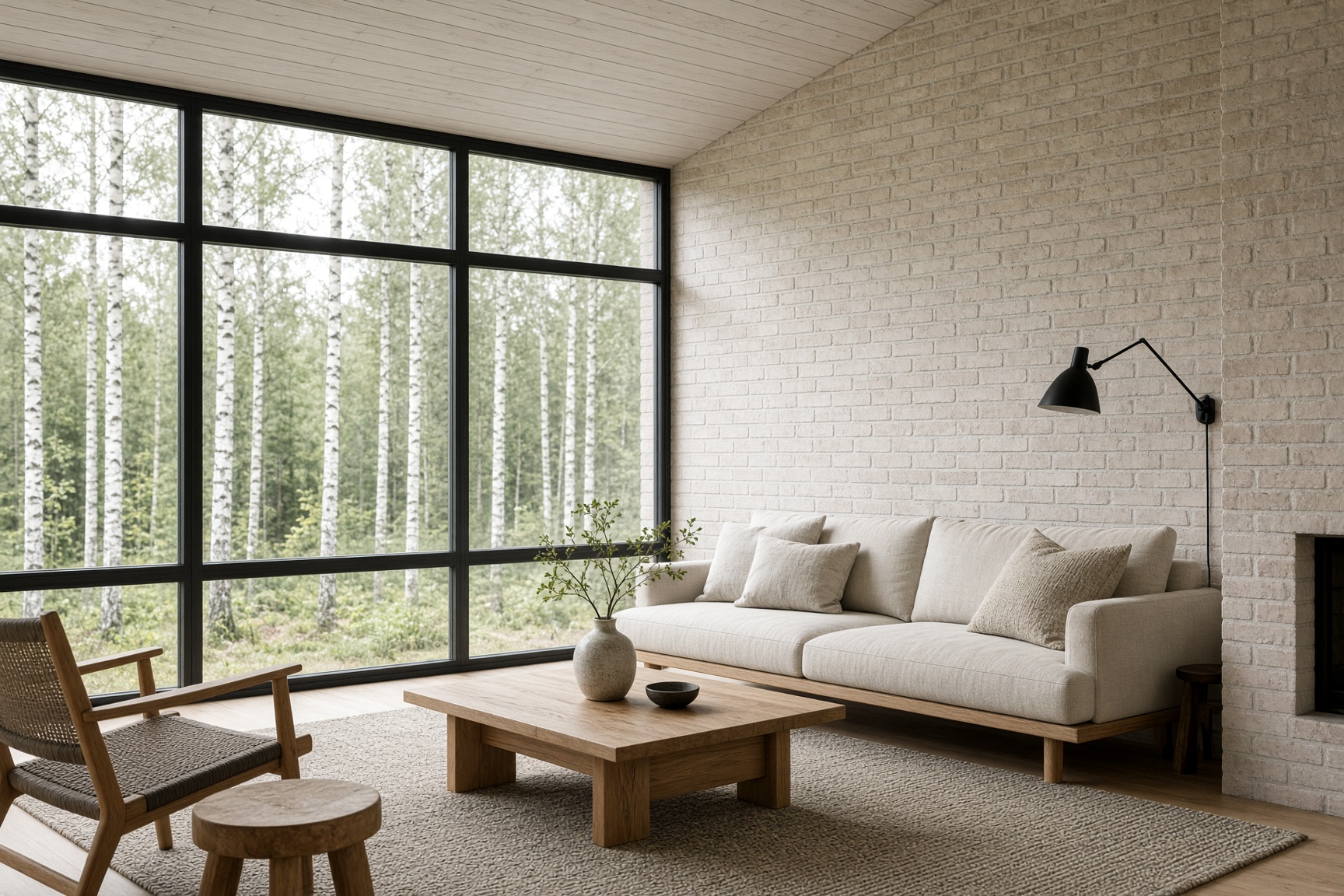 Living room with pale brick and birch light