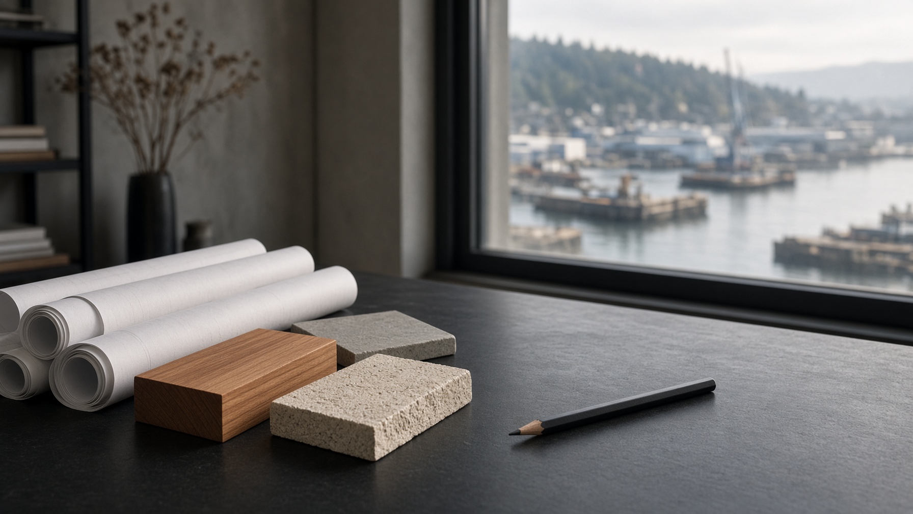 Studio table with cedar and limestone samples