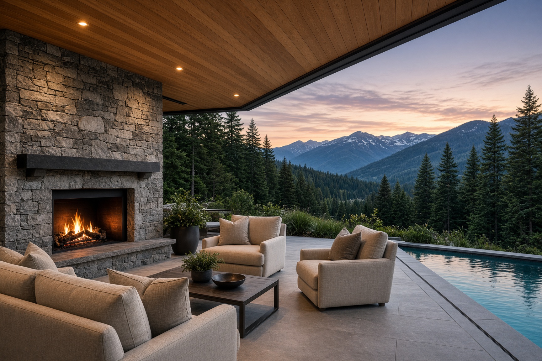 Covered outdoor room at dusk