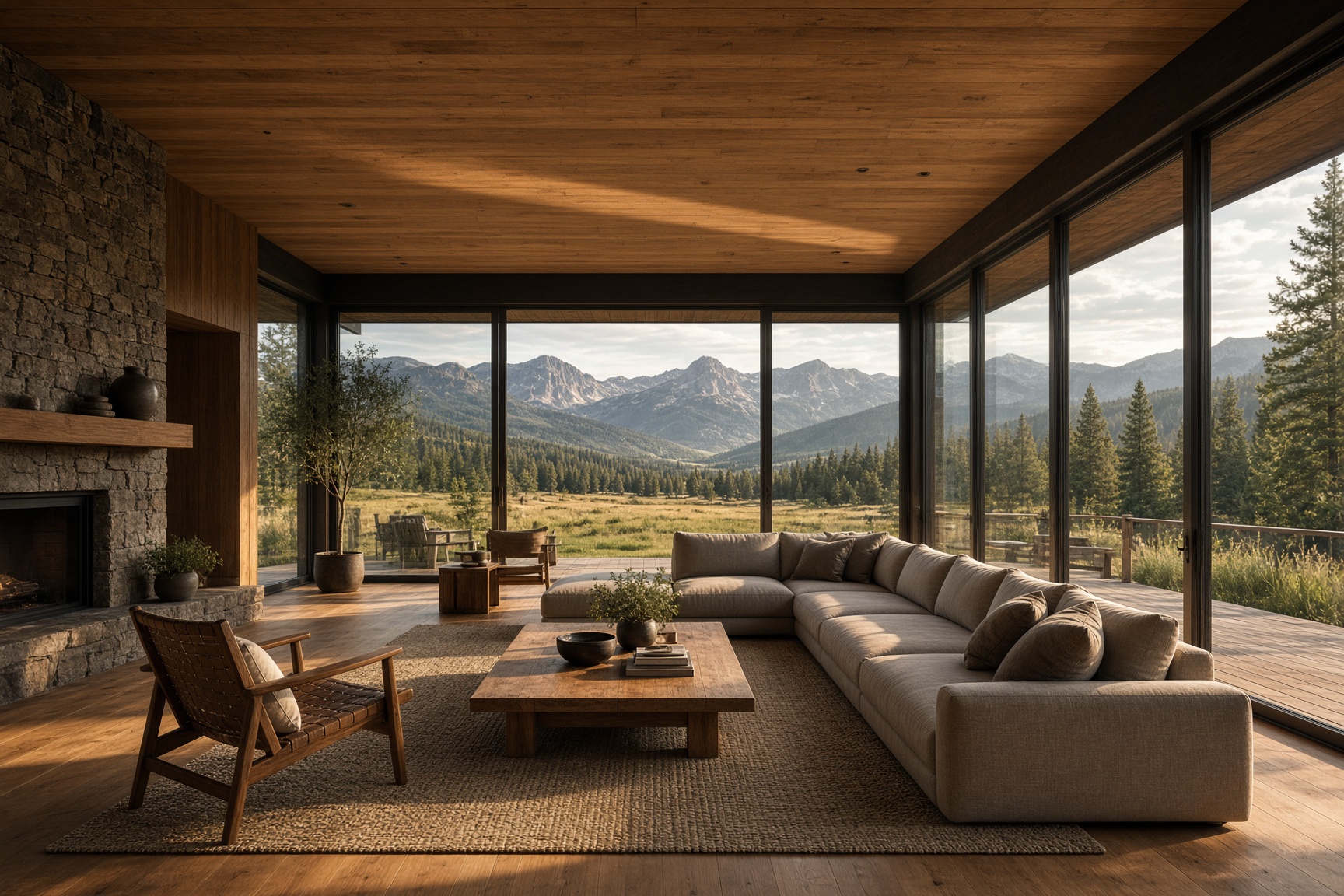 Living room under the eave, mountains beyond